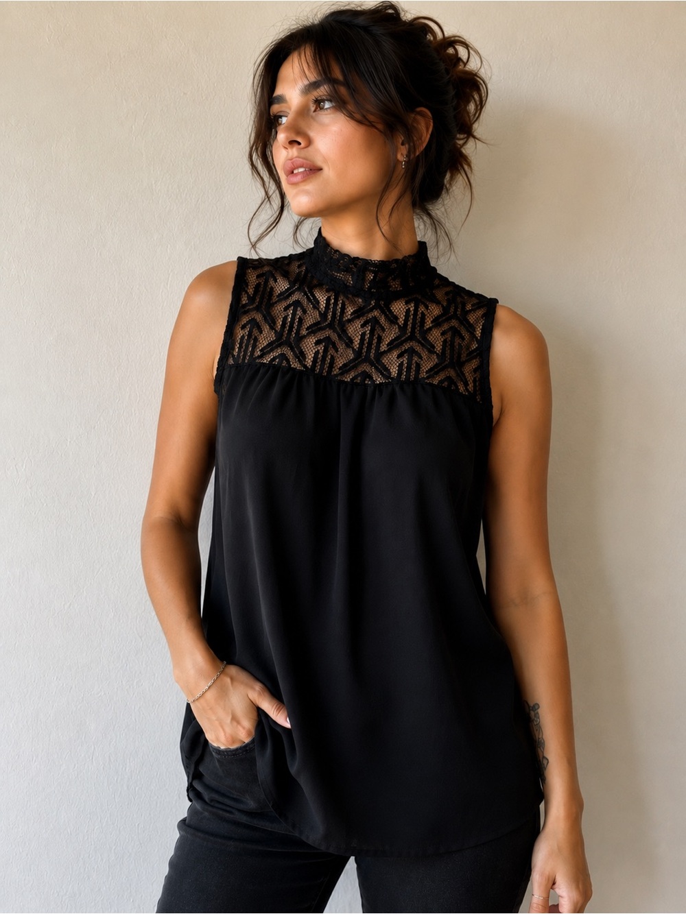 Lily White Black Lace High Neck Sleeveless Blouse – Medium